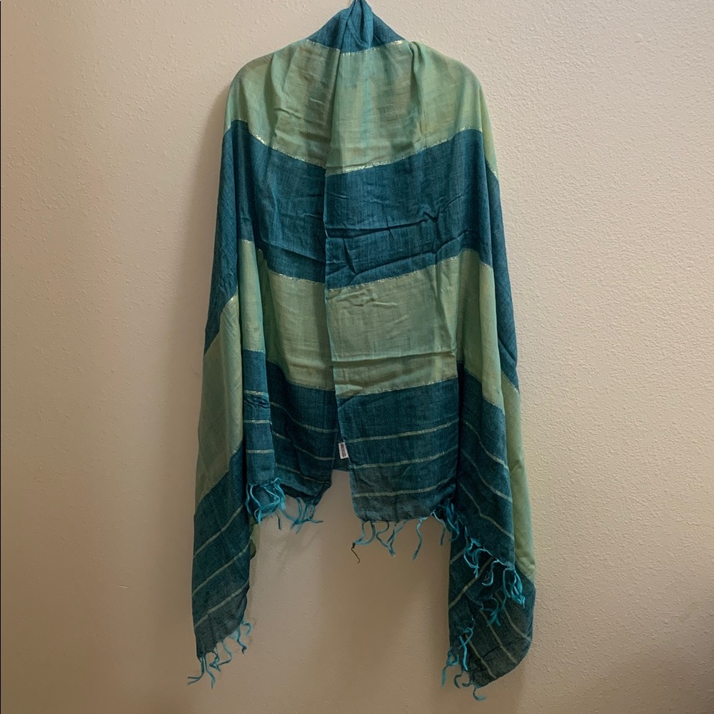Teal Striped Shimmery Heathered Shawl Wrap Scarf Made in India Cotton Tassels